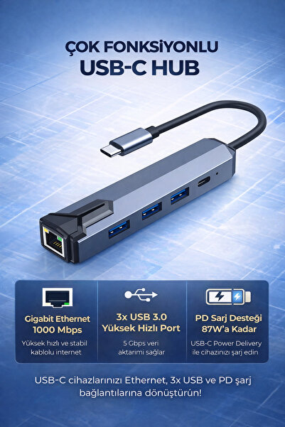 Coverzone USB-C to Gigabit Ethernet Adaptör 3 Port USB 3.0 Hub PD Şarj Destek...