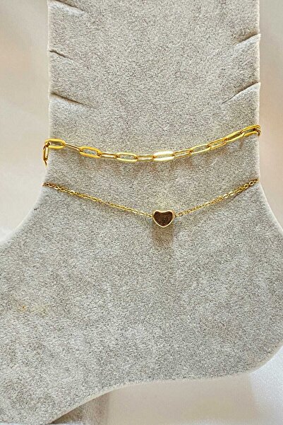 Tuncel Store خلخال ذهبي اللون على شكل قلب Scrunch وسلسلة Sf من الفولاذ - 3300