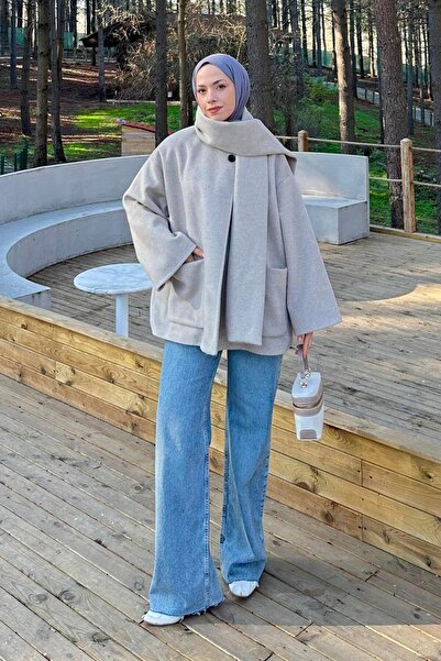 lamelif Pocketed Cashmere Coat in Mink Color