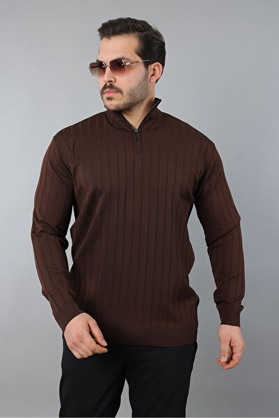 masso Men's Mock Neck Long Sleeve Half Zipper Self Patterned Knitwear