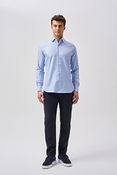 Bisse Studio Uzun Kollu Regular Fit İtalyan Yaka Cepsiz Erkek Gömlek Mavi