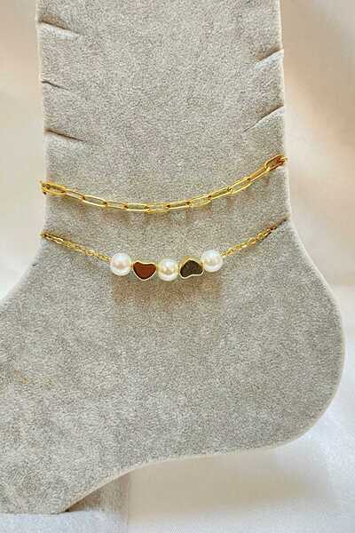 NKIE JEWELS خلخال فولاذي ذهبي اللون بتصميم قلب مرصع باللؤلؤ مع سلسلة - 3293