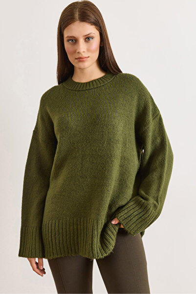 Olalook Women's Green Crew Neck Thick Banded Oversized Knitwear Sweater Kzk-1...
