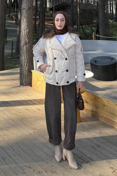 lamelif Fur Collar Buttoned Coat Stone