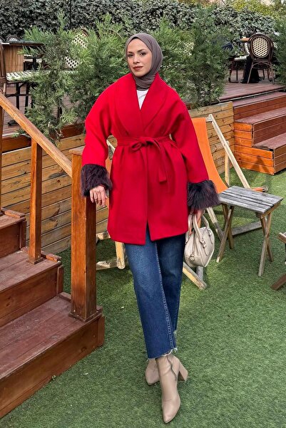 lamelif Sleeve Fur Detailed Cashmere Coat Pomegranate Flower