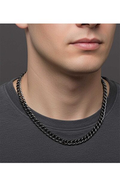 NKIE JEWELS قلادة سميكة 6 مم ذات سلسلة مسطحة ذات تباعدات متقطعة باللون الأسود...