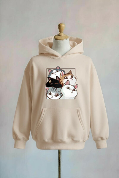 Vordevia Cat Printed Cotton 3 Thread Oversize Hooded Sweatshirt