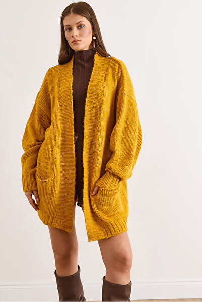 Olalook Women's Mustard Pocketed Soft Textured Knit Cardigan Hrk-19000455