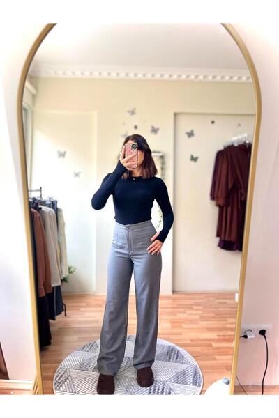 Store Gri Yüksek Bel Geniş Paça Pantolon