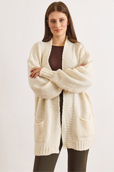 Olalook Women's Ecru Pocketed Soft Textured Knit Cardigan Hrk-19000455