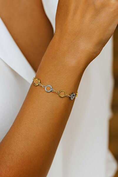 NKIE JEWELS Gold Color Round Yellow White Chain Elevator Steel Bracelet - 3607