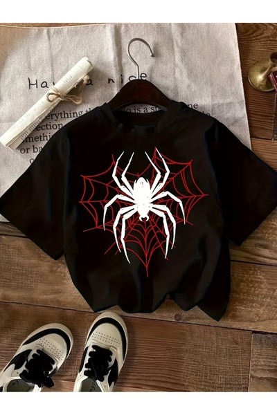 SB BİANCO تي شيرت Spider Graphic مطبوع - تصميم شبكة العنكبوت، مقاس فضفاض للنس...