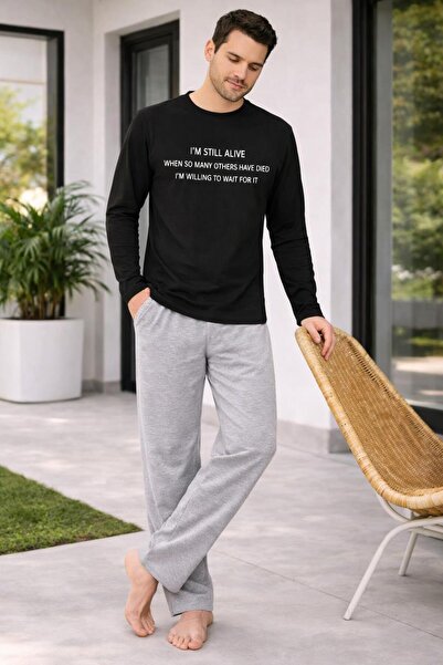 RAPAPA Чоловічий чорний верхній сірий нижній бавовняний піжамний комплект – щ...