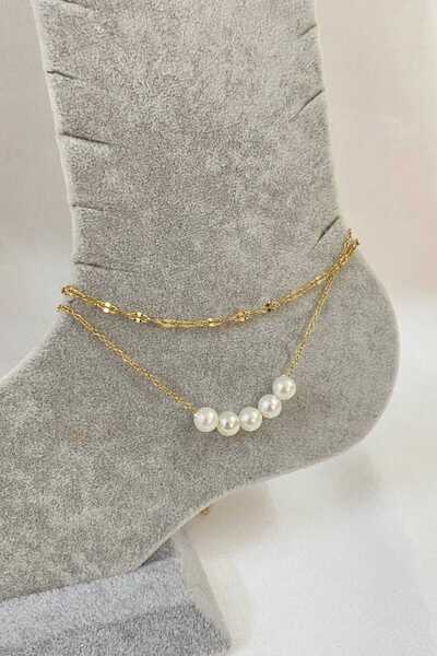 NKIE JEWELS Gold Color Five Pearl Model Singapore and Sf Chain Steel Anklet -...