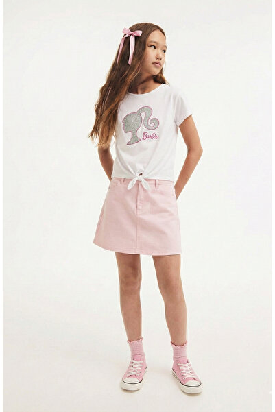 MONARCHMODA Girl's Barbie Glitter Printed T-Shirt (Front Knot/Lace Detail)