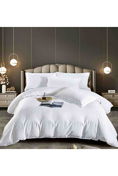 JOJO Lenjerie de pat dublă 100% damasc premium, 6 piese, cu elastic - Alb