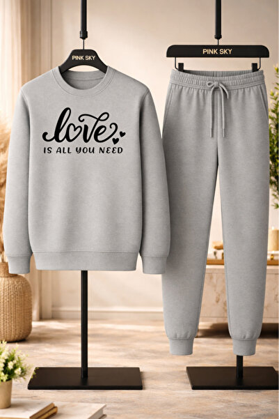 Pink Sky Love Is All You Need Printed Sweatshirt & Jogger Tracksuit Set