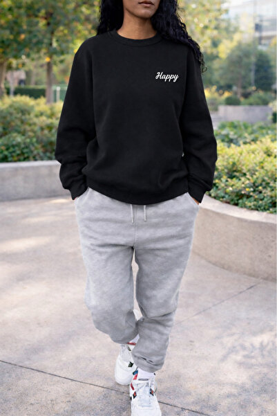 Pink Sky Unisex Happy Printed Sweatshirt & Jogger Tracksuit Set