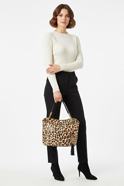 Deriderim حقيبة كتف نسائية من الجلد الطبيعي بحزام سلسلة من ليوبارد صوفيا