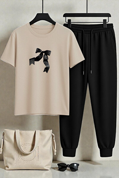 uyguntarz Unisex Ribbon Design Printed T-Shirt - 2-Piece Tracksuit Set