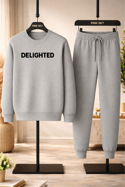 Pink Sky Unisex Delighted Printed Sweatshirt & Jogger Tracksuit Set