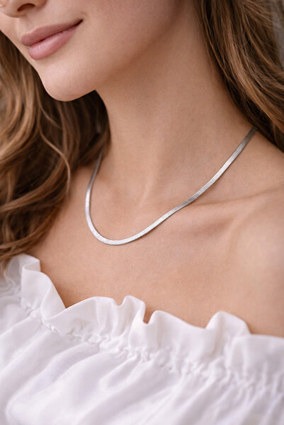 Staınless Silver Color Flat Snake Chain Steel Necklace 45 cm