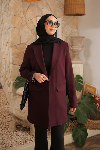 İmajButik Mürdüm Double-Breasted Lapel Pocket Blazer Jacket