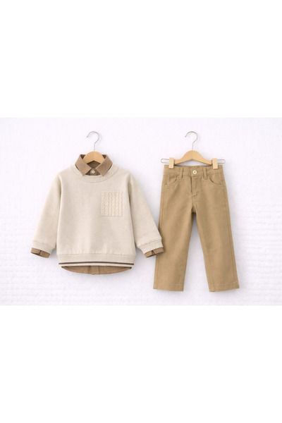 Selvira Boy's Beige 3-Piece Combination Set |   Sweatshirt + Pants + Shirt | ...