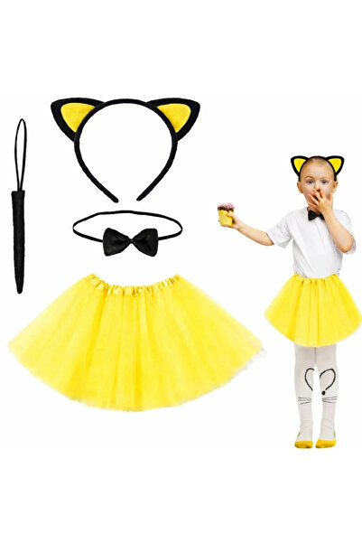 magicool Yellow Color Skirted Cat Costume Set (Tutu, Crown, Bow Tie, Tail)