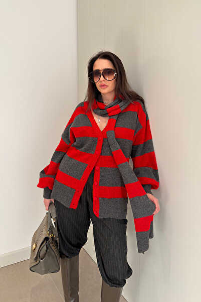 MAGARDE Shawl Pattern Striped Oversized Cardigan- Anthracite