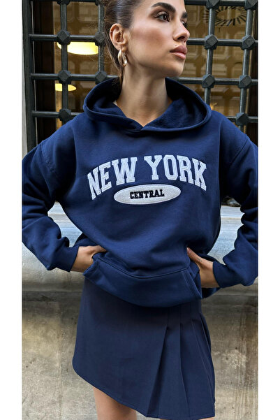 My Blog Φούτερ Navy Blue 100% βαμβάκι New York Print με κουκούλα