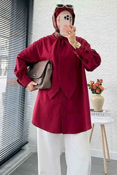 MELEK ARAZ Tie Collar Oversized Women's Shirt Tunic – Burgundy