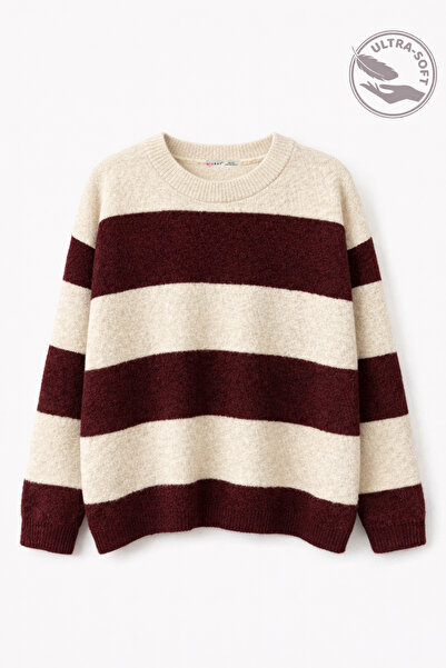 Mixray 7018 women's wool blend soft textured basic striped sweater - burgundy