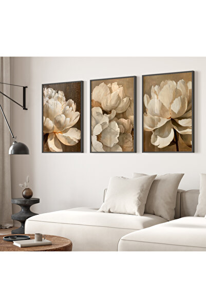 TekTablo Ahşap Çerçeveli 3’lü Çiçek Tablo Seti, Modern Minimal Bej Tonlar, Sa...