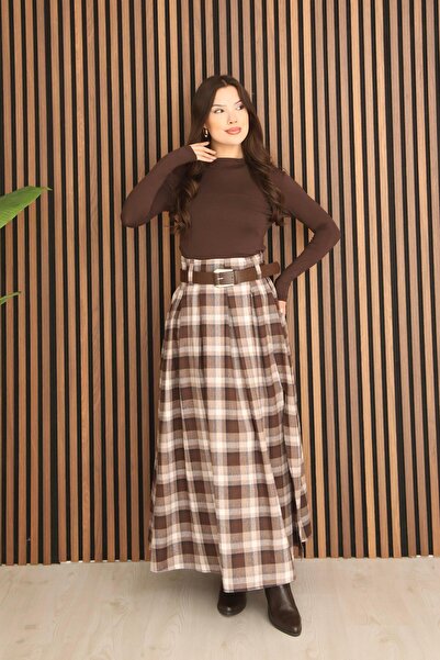 İgnites Brown Pilikaşe Side Slit Belted Plaid Skirt-İgni̇tes-00052