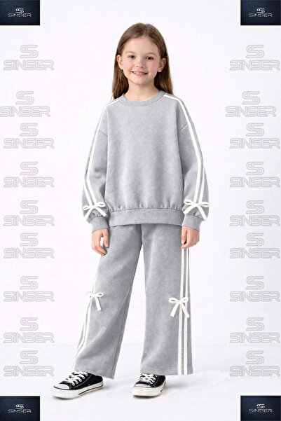 SS SİNSER Fiyonklu Şeritli Sıfır Yaka Kurdeleli Kız Çocuk Eşofman Takımı Studıo
