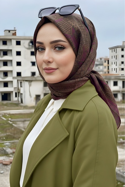 İmajButik Khaki Fuchsia Soft Digital Cotton Scarf