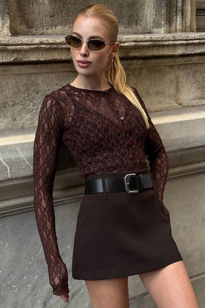 Trend Alaçatı Stili Kadın Acı Kahve Geniş Yaka Önü Düğmeli Tül Bluz Alc-X14948