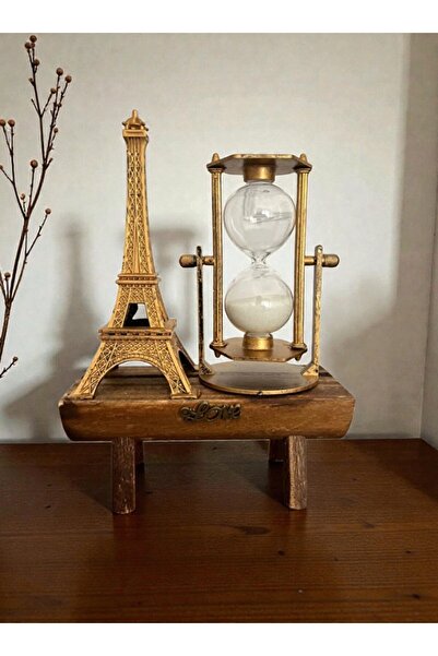 NATUREL Eyfel Kulesi Cam Kum Saati Dekoratif Biblo Figür Ahşap Standlı Modern...