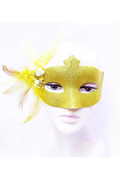 magicool Glitter Embroidered Pearl Bead Detailed Feathered Ball Mask Gold Col...