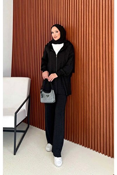 DEMOİSELLE Women's Knitwear Glitter Zippered Cardigan Pants Top and Bottom Set