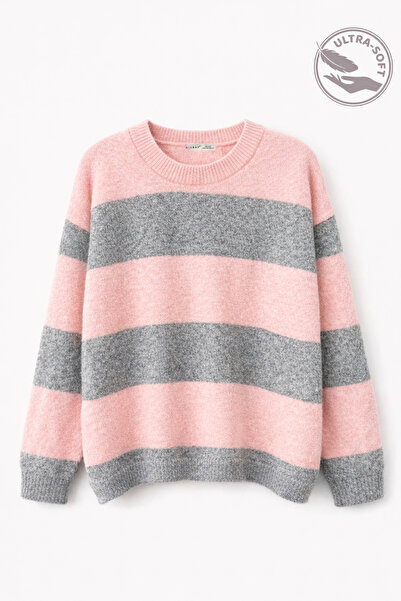 Mixray 7018 Women's Wool Blend Soft Textured Basic Striped Sweater Gray