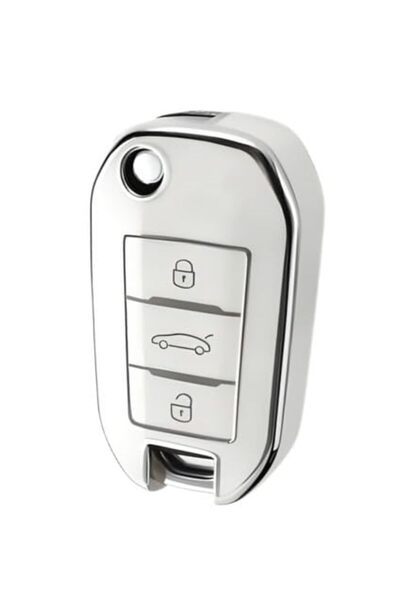 AutoHan Keys غطاء مفتاح بيجو 301 308 أبيض فضي بثلاثة أزرار