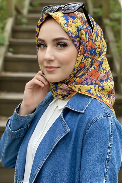İmajButik Yellow Cobalt Blue Soft Digital Cotton Scarf
