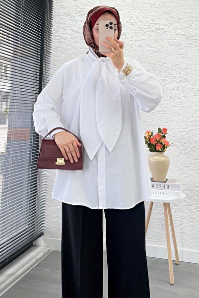 MELEK ARAZ Tie Collar Oversized Women's Shirt Tunic – White