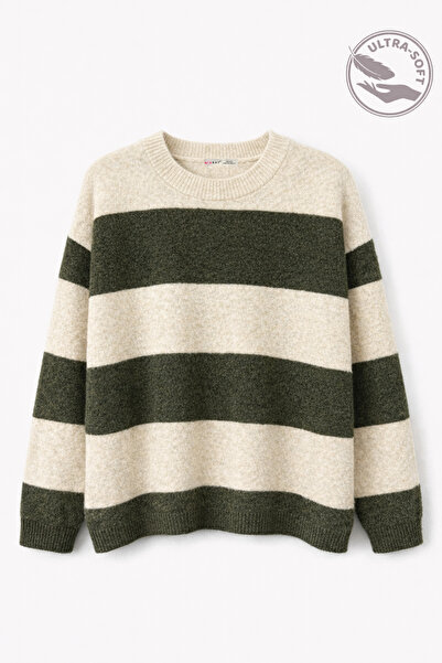Mixray 7018 Women's Wool Blend Soft Textured Basic Striped Sweater Khaki