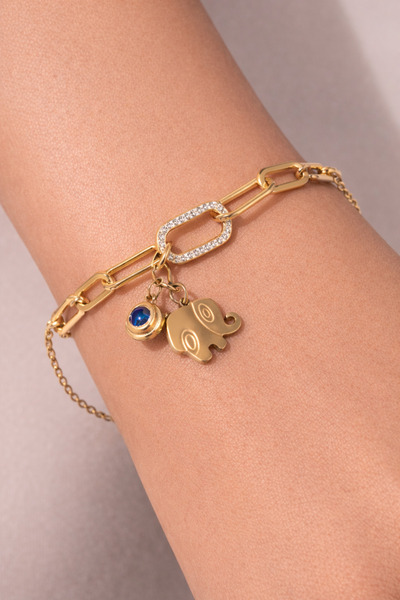 femline سوار سلسلة ذهبية اللون مع تمثال فيل من الأحجار اللامعة