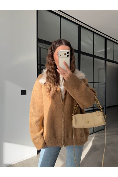 BB Bensu Buyruk Oversize Knitted Jacket with Fur Collar