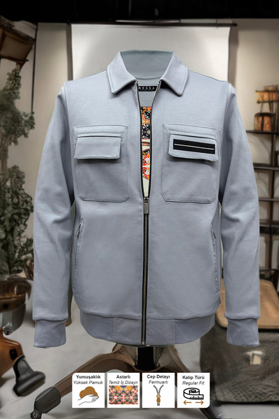 BESSA Gray Regular Fit Shirt Collar Lined Zippered Pocket Men's Sweatshirt