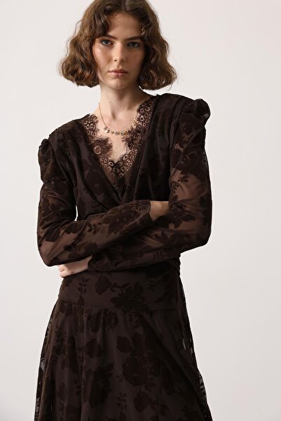 cemo Flok Baskılı Dantel Yaka Asimetrik Elbise